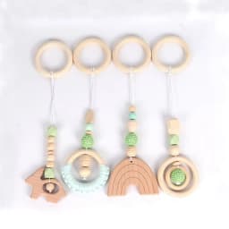 4Pcs Wooden Baby Toys Wooden Beech Activity Gym Frame Stroller Hanging Pendants Toys Teether Ring Nursing Rattle Toys Room Decor