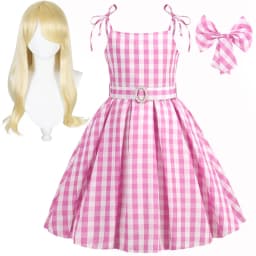 Halloween Hot Movie Barbei Baby Girl Pink Cowboy Look Dress Summer Beach Stripe Cute Sleeveless Plaid Slim Strap Dress Set