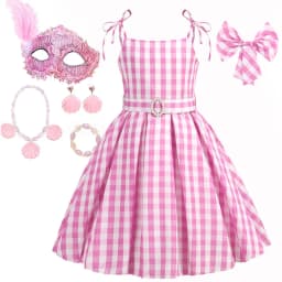 Halloween Hot Movie Barbei Baby Girl Pink Cowboy Look Dress Summer Beach Stripe Cute Sleeveless Plaid Slim Strap Dress Set