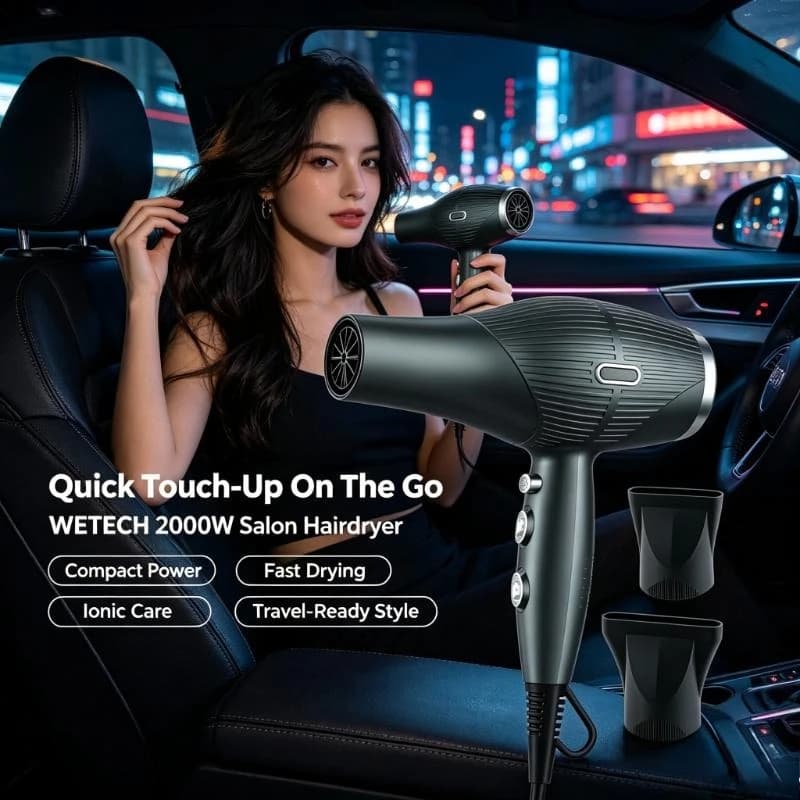WETECH Professional 2000W Negative Ionic Hair Dryer AC Motor Salon Hairdryer Adjustable Temperature Fast Drying Blow Dryer with Styling Nozzles
