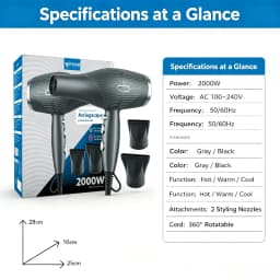 WETECH Professional 2000W Negative Ionic Hair Dryer AC Motor Salon Hairdryer Adjustable Temperature Fast Drying Blow Dryer with Styling Nozzles