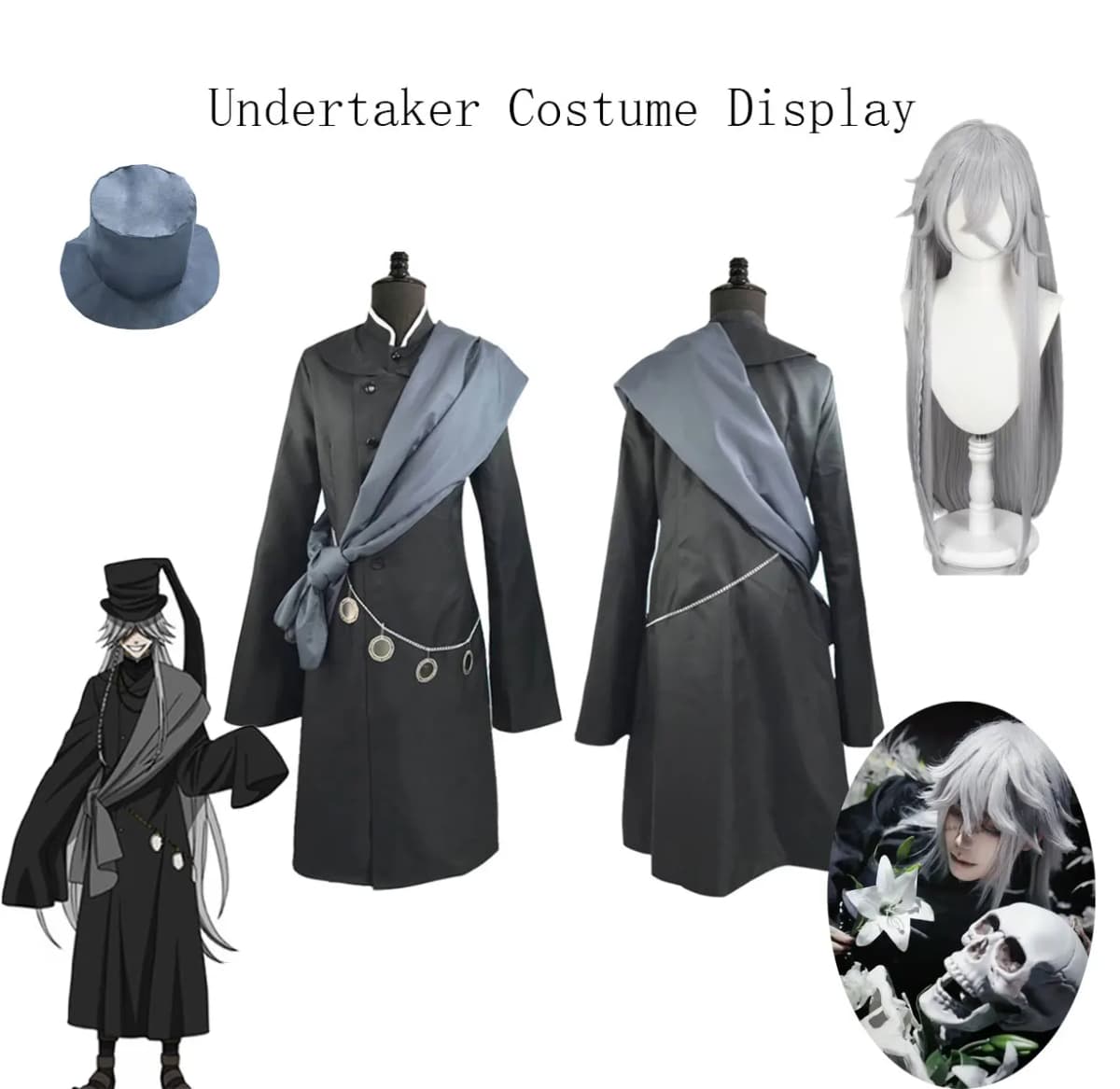 Undertaker Cosplay Costume Full Set,Gothic Vintage Long Coat With Sash Chain Top Hat Silver Wig,Halloween Carnival Fancy Outfit