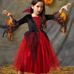 Kids Girl Vampire Devil Character Cosplay Costume Black Red Tulle Gown with Horn Accessory for Halloween Holiday Party