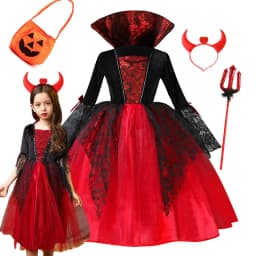 Kids Girl Vampire Devil Character Cosplay Costume Black Red Tulle Gown with Horn Accessory for Halloween Holiday Party