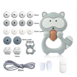 LOFCA Silicone Teether Wood Beads Set BPA Free DIY Baby Teething Necklace Toy Cartoon Koala Raccoon Pacifier Chain Clip