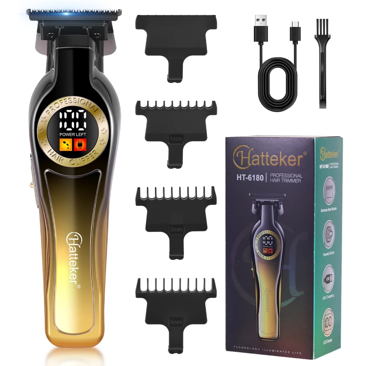 Hatteker Professional Carving Thinning Shears Men Digital Display Electric Hair Clipper Salon Pompadour Haircut Electric Trimmer