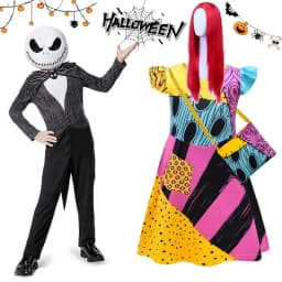 Kids Gothic Skeleton Stitched Doll Cosplay Set Striped Costume Patchwork Dress Wig Choker Halloween Carnival Party Outfit