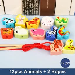 9-36pcs Baby Wooden Toys Cartoon Fruit Animal Stringing Threading Wooden Beads Toy Monterssori Educational Toys For Kids