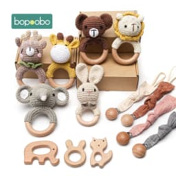 Bopoobo 3PCS/5PCS Crochet Bunny Baby Teether Rattle Animal Beech Wood Teether Pacifier Chain Crochet Rattle For Newborn Baby