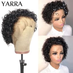 Short Pixie Cut Wig Human Hair 6 Inch 13x1 Brazilian Remy Hair Curly Bob Wig Transparent Lace Wig Preplucked Hairline Yarra