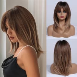 ALAN EATON Ombre Brown Blonde Layered Synthetic Wigs for White Women Shoulder Length Natural Wavy Wigs with Bangs Heat Resistant