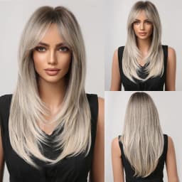 ALAN EATON Ombre Brown Blonde Layered Synthetic Wigs for White Women Shoulder Length Natural Wavy Wigs with Bangs Heat Resistant