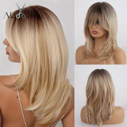 ALAN EATON Ombre Brown Blonde Layered Synthetic Wigs for White Women Shoulder Length Natural Wavy Wigs with Bangs Heat Resistant