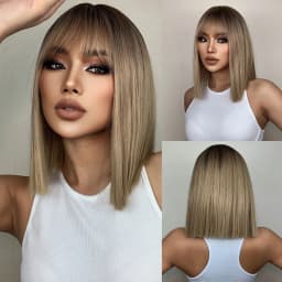 ALAN EATON Ombre Brown Blonde Layered Synthetic Wigs for White Women Shoulder Length Natural Wavy Wigs with Bangs Heat Resistant