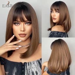 Short Wavy Bob Synthetic Wigs Brown to Blonde Ombre Hair Wigs for Women with Bangs Cosplay Lolita Natural Wig Heat Resistant
