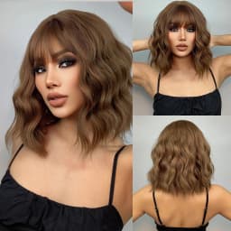 Short Wavy Bob Synthetic Wigs Brown to Blonde Ombre Hair Wigs for Women with Bangs Cosplay Lolita Natural Wig Heat Resistant