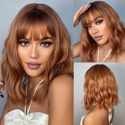 Short Wavy Bob Synthetic Wigs Brown to Blonde Ombre Hair Wigs for Women with Bangs Cosplay Lolita Natural Wig Heat Resistant