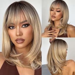 Short Wavy Bob Synthetic Wigs Brown to Blonde Ombre Hair Wigs for Women with Bangs Cosplay Lolita Natural Wig Heat Resistant