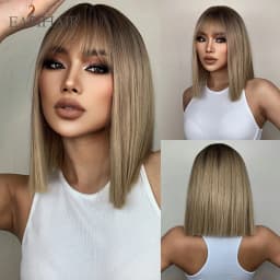 Short Wavy Bob Synthetic Wigs Brown to Blonde Ombre Hair Wigs for Women with Bangs Cosplay Lolita Natural Wig Heat Resistant