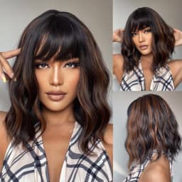 Short Wavy Bob Synthetic Wigs Brown to Blonde Ombre Hair Wigs for Women with Bangs Cosplay Lolita Natural Wig Heat Resistant