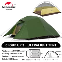 Naturehike Upgraded Cloud Up 3 Person Tent Outdoor Camping Tent Ultralight Waterproof Tent Free Standing Hiking Backpacking Tent