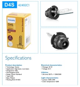 Philips HID D1S D2S D2R D3S D4S D5S 35W Xenon Standard 4200K Auto Original Headlight Car Genuine Bulb Replacement Upgrade, 1pcs