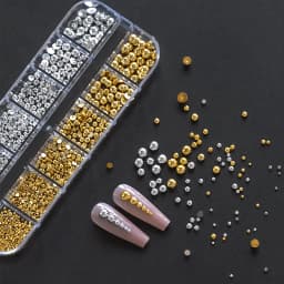 12Grids Gold/Sliver Half Round Beads Nail Art Charms 6-Sizes Flatback Caviar Bead Christmas Diamond DIY Sparkly Manicure Gems #*