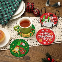 A Set of 8PCS Christmas Element Combination Pattern Diamond Painting DIY Coaster Set with Holder - Suitable for Both Adults and