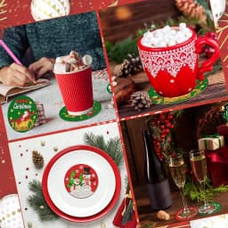 A Set of 8PCS Christmas Element Combination Pattern Diamond Painting DIY Coaster Set with Holder - Suitable for Both Adults and