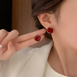 Wine Red Square Stud Earring for Women Korean Simple Geometry Temperament Jewelry Christmas Girlfriend Gift