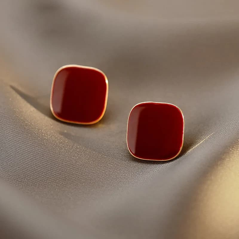 Wine Red Square Stud Earring for Women Korean Simple Geometry Temperament Jewelry Christmas Girlfriend Gift