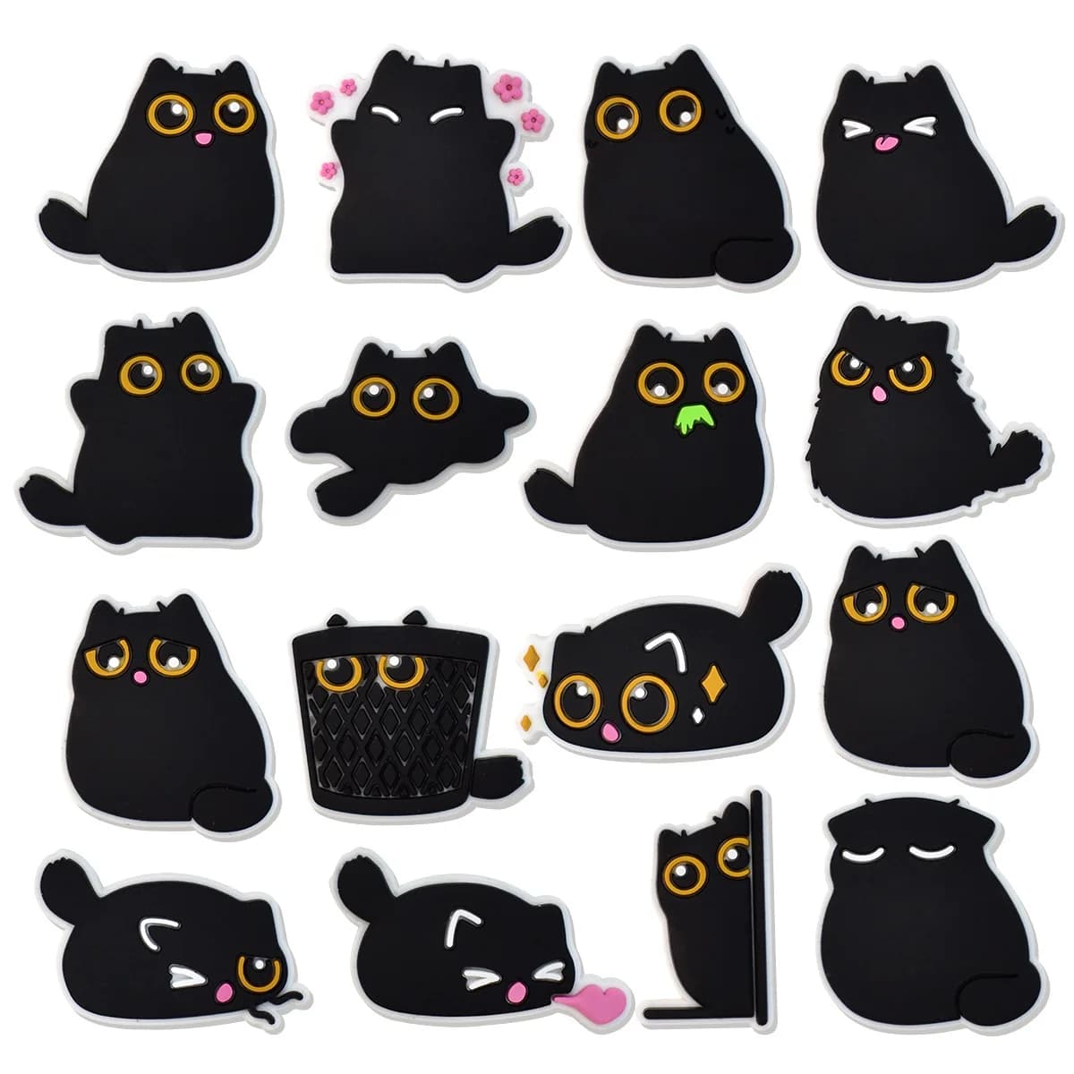 16Pcs Cute Black Cat Series Shoe Charms For Slides Sandals, PVC Shoe Decorations Accessories For Christmas Birthday Gift Party