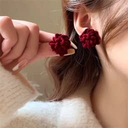 Temperament Winered Flocking Camellia Flower Stud Geometry Earring Jewelry Christmas Girl Friend Gift