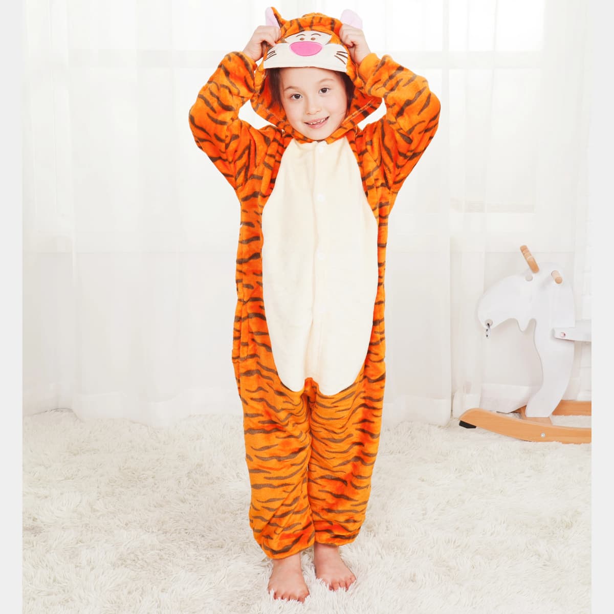 Kids Kigurumi Jumping Tiger Cartoon Onesies Children Animal Pajamas Jumpsuits Halloween Christmas Girls Boys Cosplay Costumes
