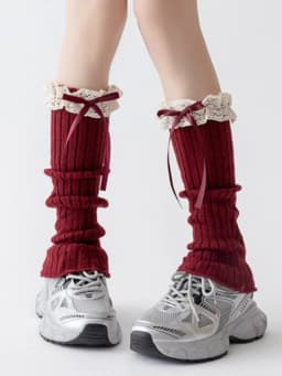 New Design Bow Wine Red Leg Warmers Autumn/Winter Women Ballet Style Lace Trim Stacked Socks Christmas Knitted JK Slouch Socks