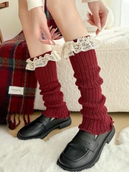 New Design Bow Wine Red Leg Warmers Autumn/Winter Women Ballet Style Lace Trim Stacked Socks Christmas Knitted JK Slouch Socks