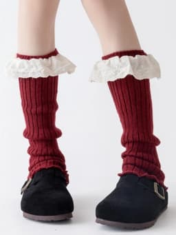 New Design Bow Wine Red Leg Warmers Autumn/Winter Women Ballet Style Lace Trim Stacked Socks Christmas Knitted JK Slouch Socks