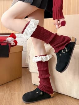 New Design Bow Wine Red Leg Warmers Autumn/Winter Women Ballet Style Lace Trim Stacked Socks Christmas Knitted JK Slouch Socks
