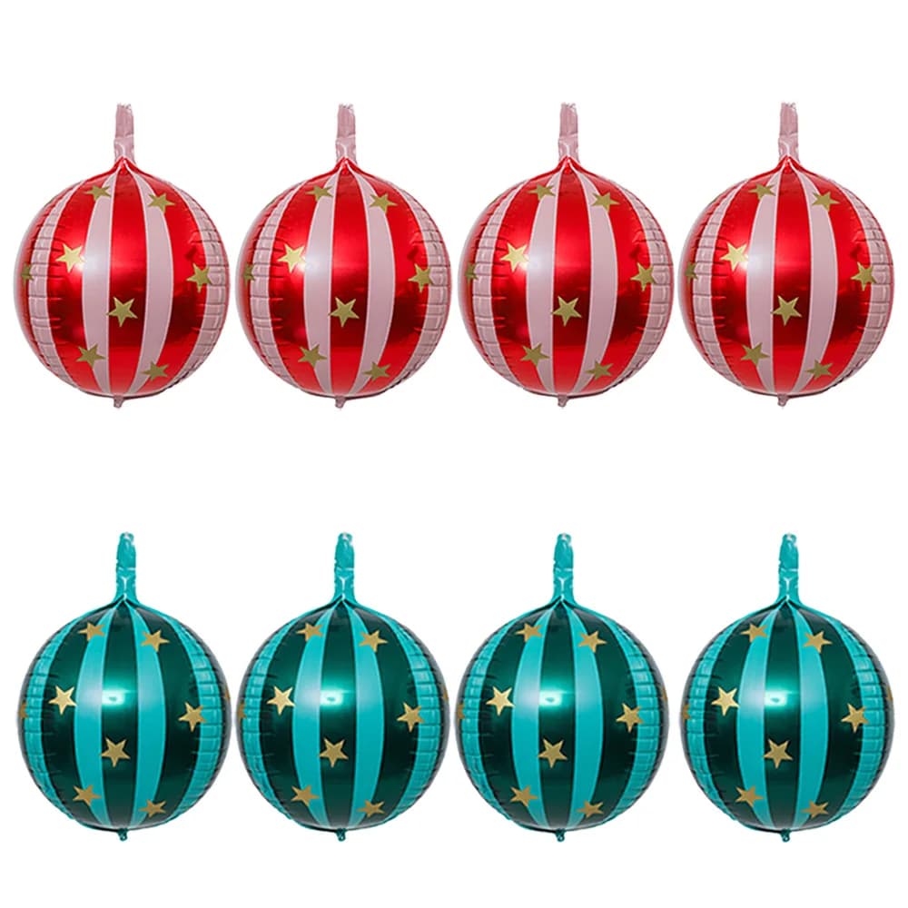8-Pack of 22-Inch 4D Striped Star Balloons, 4 Red 4D Striped Star Balloons, 4 Green 4D Striped Star Balloons, 4D Aluminum Foil Balloons, Volleyball Balloons, Suitable for Christmas, Birthday Parties, Theme Parties, Christmas Party Decorations
