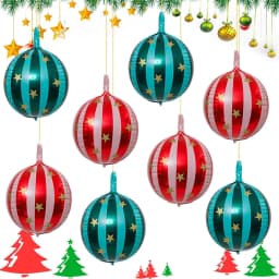 8-Pack of 22-Inch 4D Striped Star Balloons, 4 Red 4D Striped Star Balloons, 4 Green 4D Striped Star Balloons, 4D Aluminum Foil Balloons, Volleyball Balloons, Suitable for Christmas, Birthday Parties, Theme Parties, Christmas Party Decorations