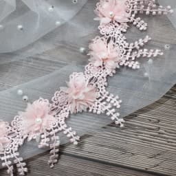 White 3D Chiffon Rose Lace Fabric Flower Pearl Beads Christmas Halloween Holiday Decoration Wedding Decor Lace Ribbon DIY Craft