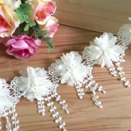 White 3D Chiffon Rose Lace Fabric Flower Pearl Beads Christmas Halloween Holiday Decoration Wedding Decor Lace Ribbon DIY Craft