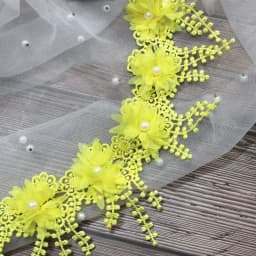 White 3D Chiffon Rose Lace Fabric Flower Pearl Beads Christmas Halloween Holiday Decoration Wedding Decor Lace Ribbon DIY Craft