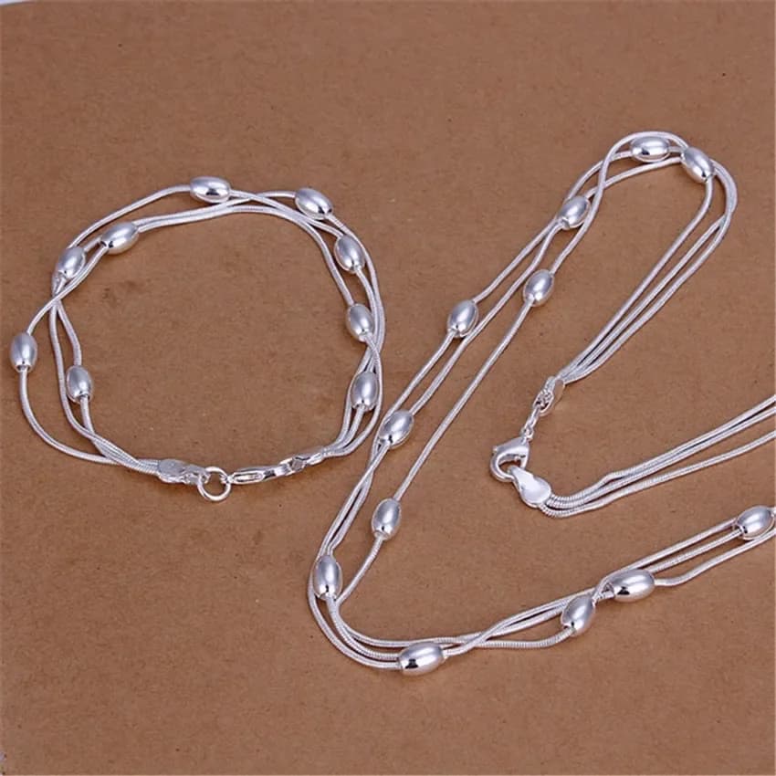 Charm 925 Sterling Silver Bracelets necklace Jewelry set for women Fringed oval beads Chain 18 inch Fashion Party Christmas Gift