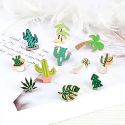 Simple Cartoon Green Plants Brooches Pins Coconut Trees Mexican Cactus Maple Leaf Christmas Tree Metal DIY Button Badges Jewelry