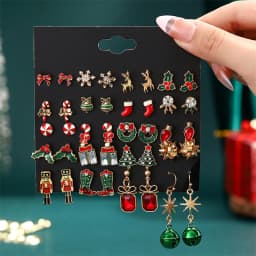 12/20 Pair Christmas Earring Set For Women Shiny Crystal Zircon Snowflake Elk Bowknot Elk Xmas Tree Earring New Year Gifts