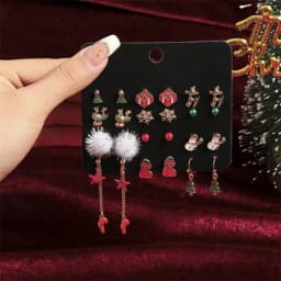 12/20 Pair Christmas Earring Set For Women Shiny Crystal Zircon Snowflake Elk Bowknot Elk Xmas Tree Earring New Year Gifts