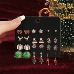 12/20 Pair Christmas Earring Set For Women Shiny Crystal Zircon Snowflake Elk Bowknot Elk Xmas Tree Earring New Year Gifts
