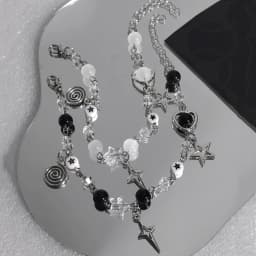 Y2K Sweet and Romantic Black and White Pearl Sparkling Star Vortex Star Bracelet Set, Valentine's Day Christmas Gift