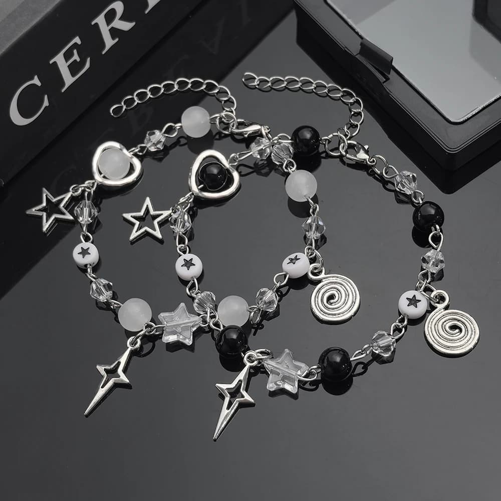 Y2K Sweet and Romantic Black and White Pearl Sparkling Star Vortex Star Bracelet Set, Valentine's Day Christmas Gift